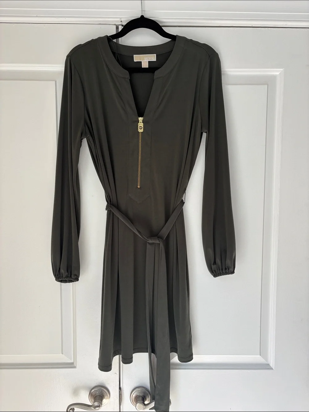 Michael Kors Olive Green Long-Sleeve Zip Front Dress with Waist Tie